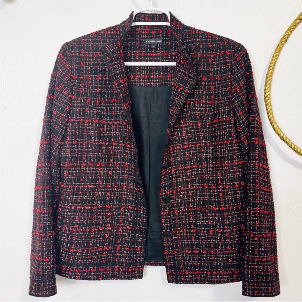 Mandarin collar Red & Black Jacquard Tweed Button up Jacket/Blazer size medium